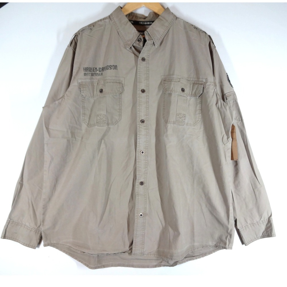 VTG Harley-Davidson Military Shirt Men 2XL Tan Khaki Long Sleeve HDMC Biker Gorp